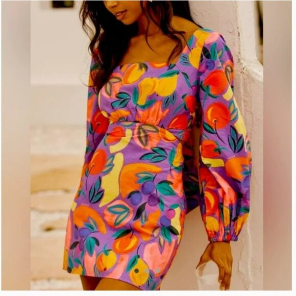 FARM Rio Long-Sleeve Poplin Colorful Open Back Puff Sleeve Mini Dress Size M NWT - Picture 1 of 14